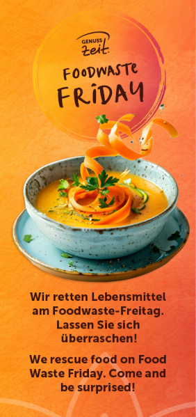 Banner: Wir retten Lebensmittel am Foodwaste-Freitag. Lassen Sie sich überraschen!